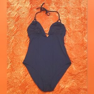 J. Crew Navy Blue One-piece Plunge Braided Strap Halter Swimsuit Low Back sz 12